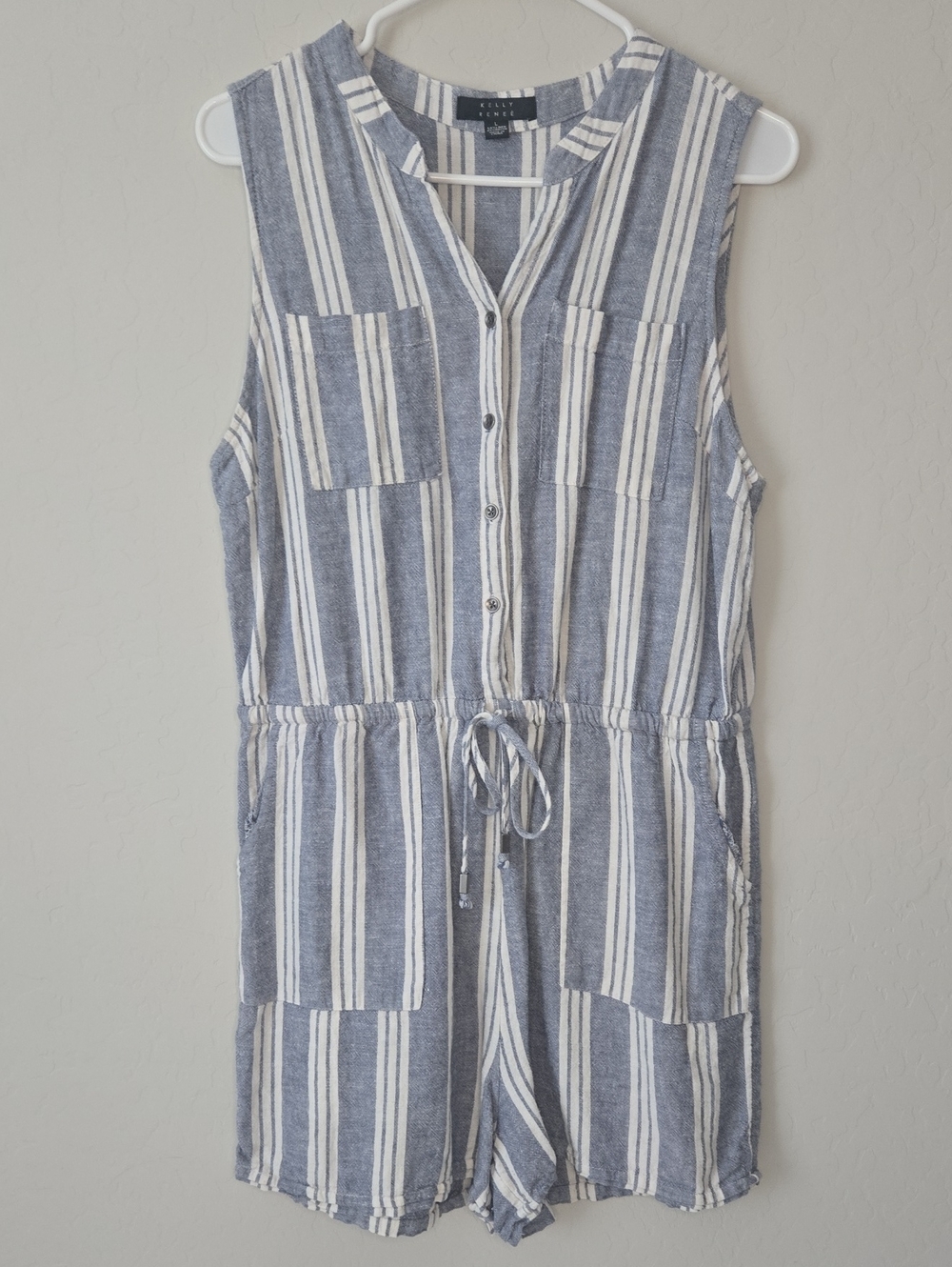 Blue & White Striped Sleeveless Drawstring Romper